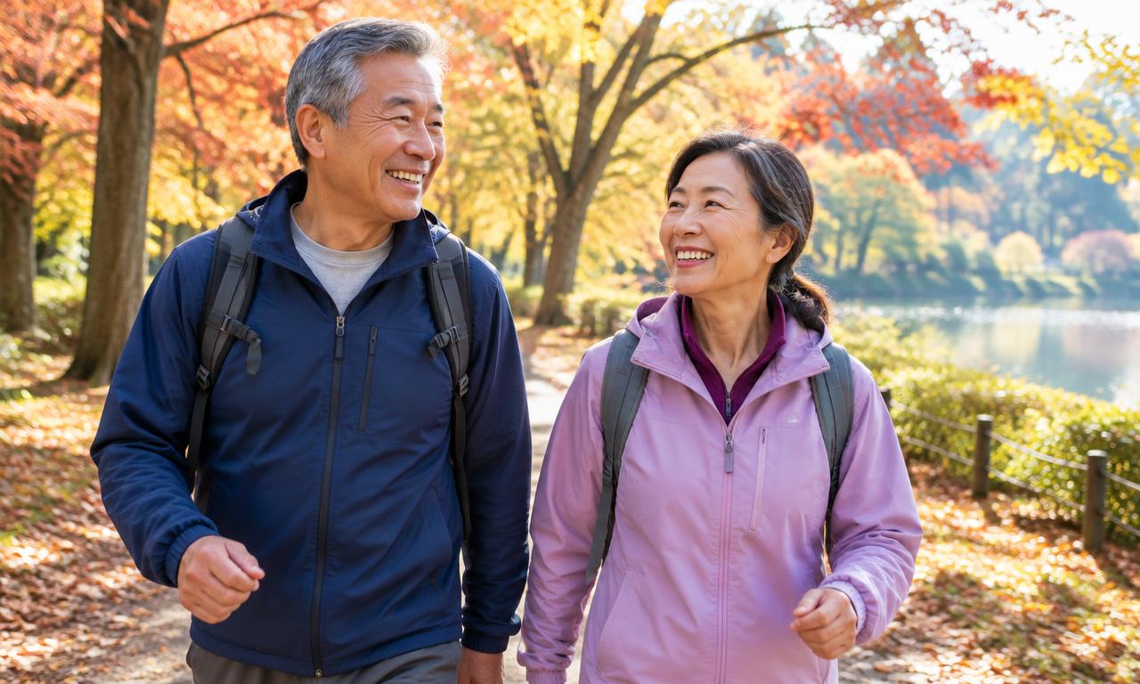 Active older couple walking outdoors